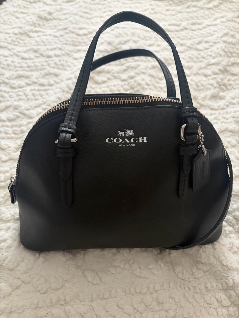 COACH Black Saffiano Leather Dome Satchel with Crossbody Strap
